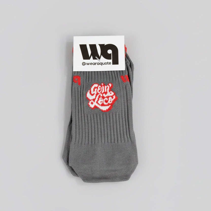 Goin Loco Wear a Quote socks — gray athletic crew socks Hecho en Venezuela