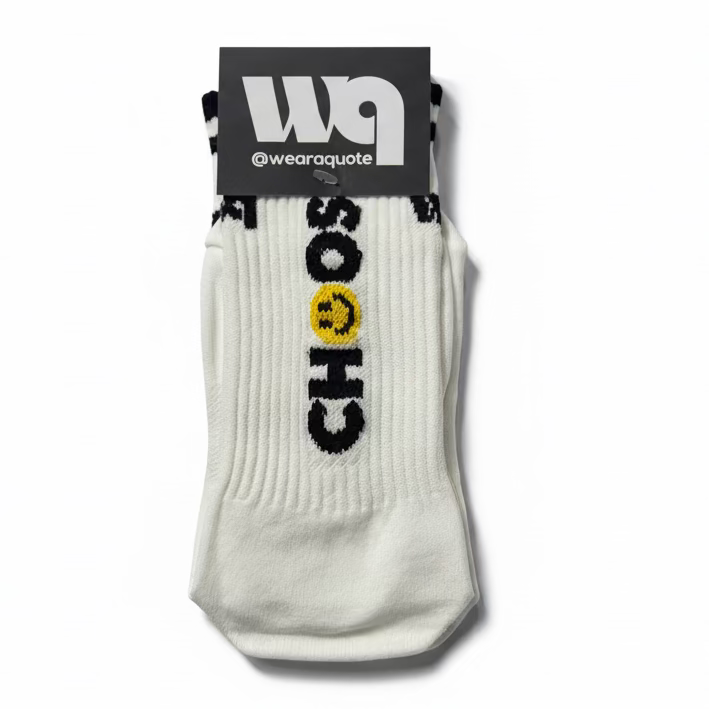 Choose Happy Wear a Quote tube socks — white crew compression socks front view