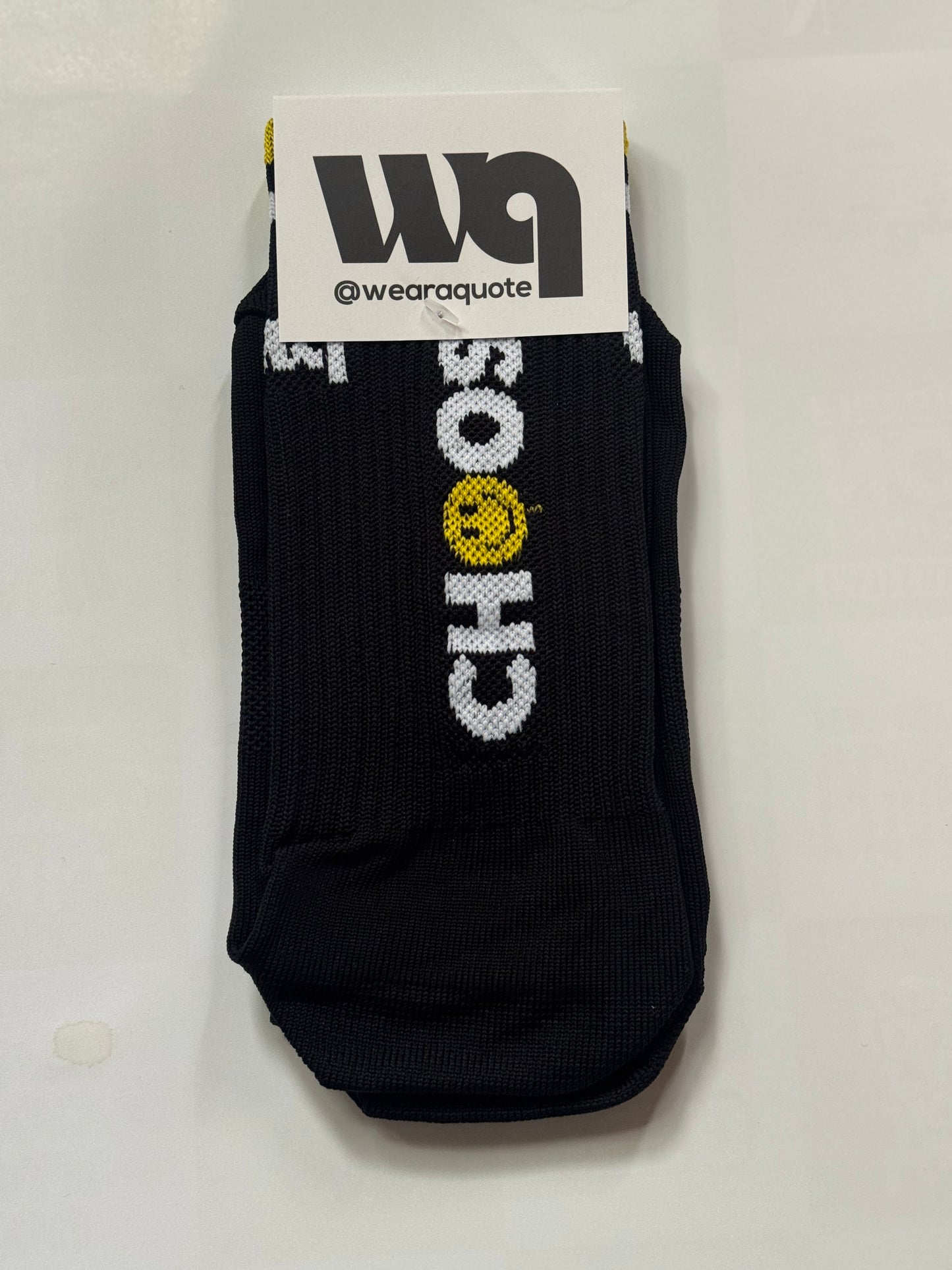 Choose Happy WAQ socks — white tube socks packaging