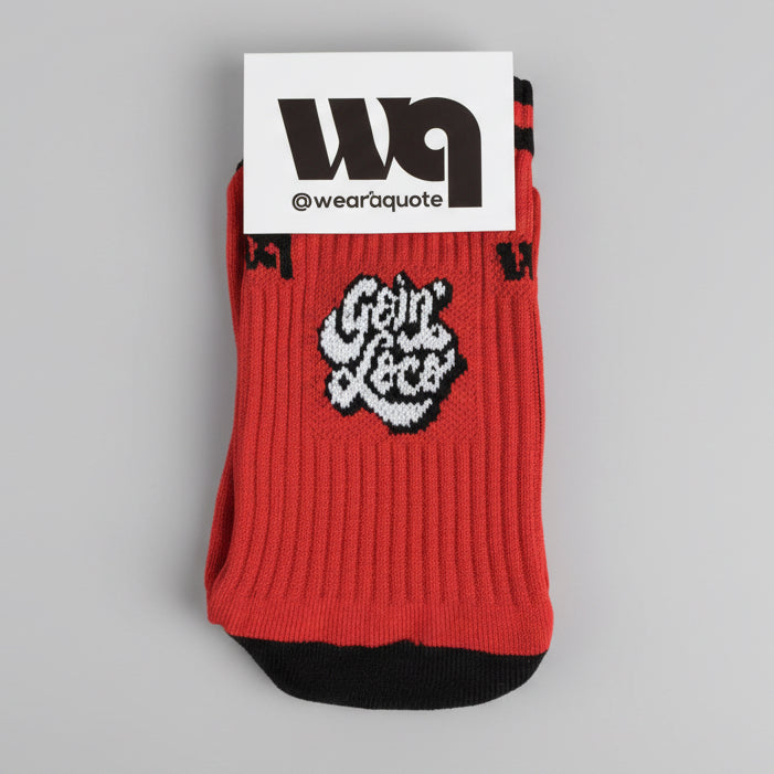 Goin Loco WAQ socks — red tube socks side view