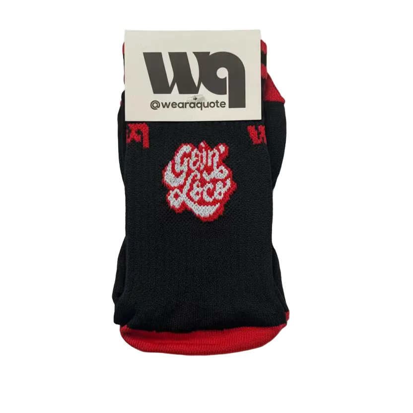 Goin Loco Wear a Quote tube socks — black crew compression socks front view