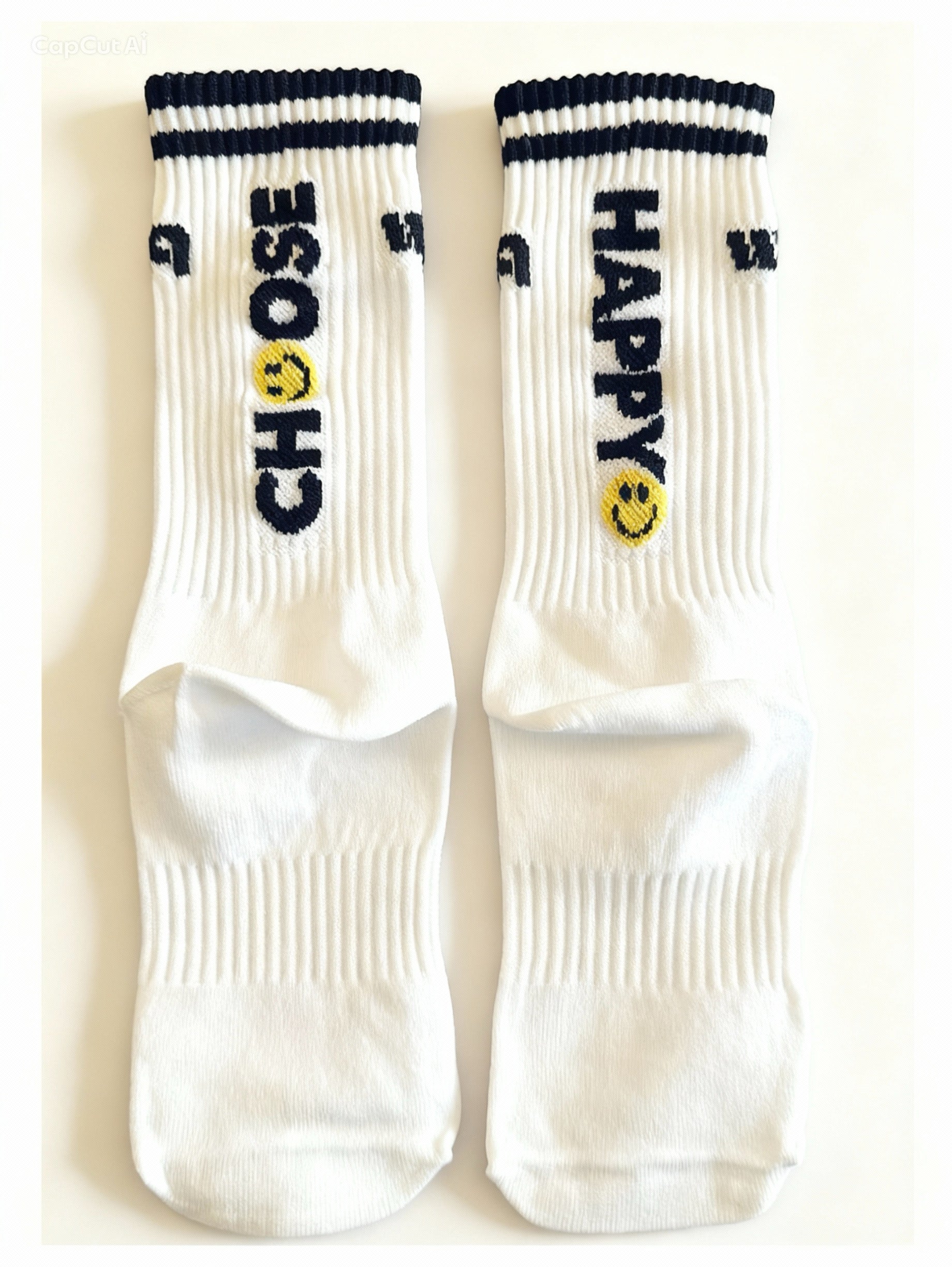Choose Happy WAQ socks — white tube socks lifestyle shot