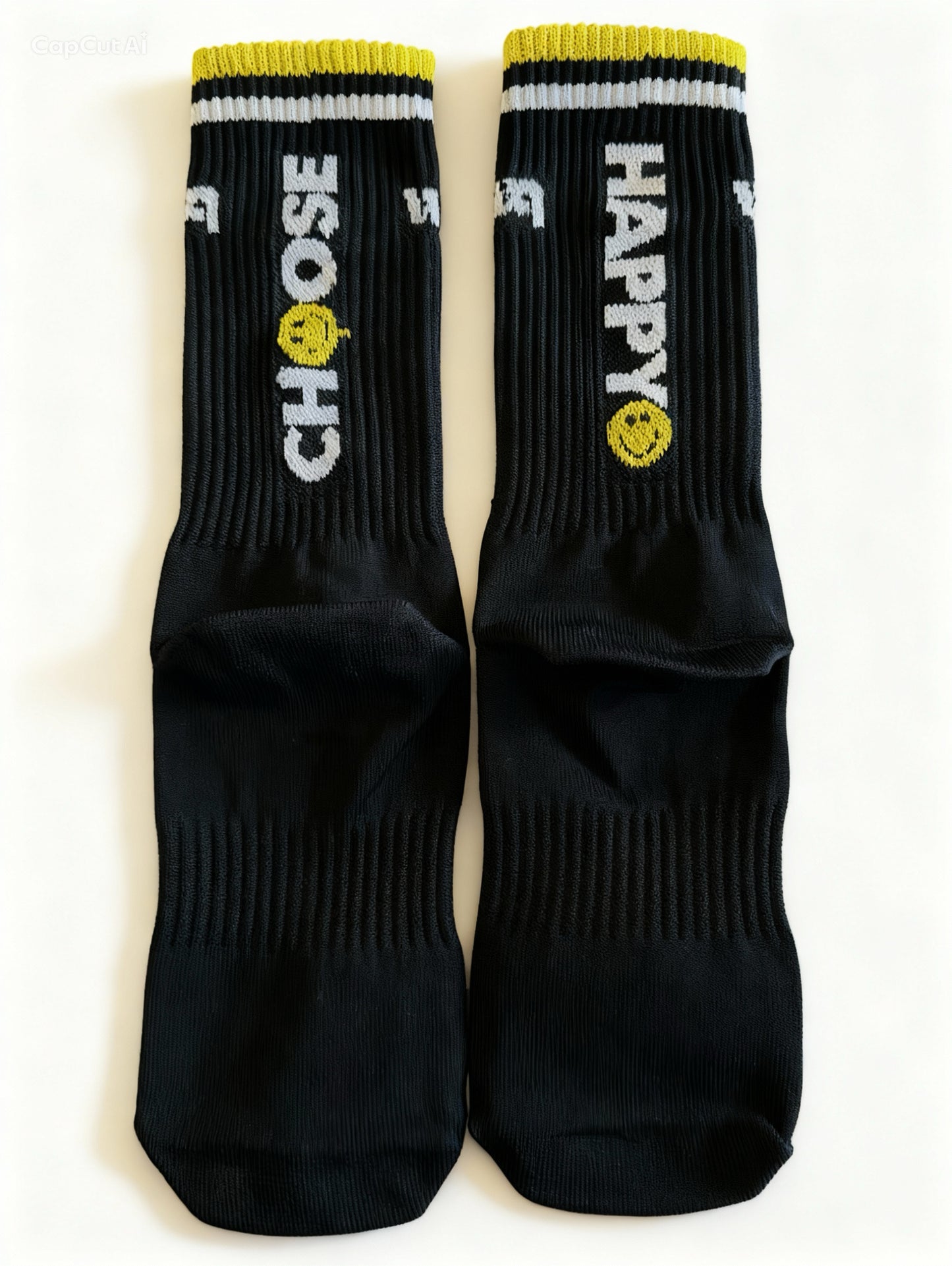 Choose Happy Wear a Quote socks — black athletic crew socks lifestyle