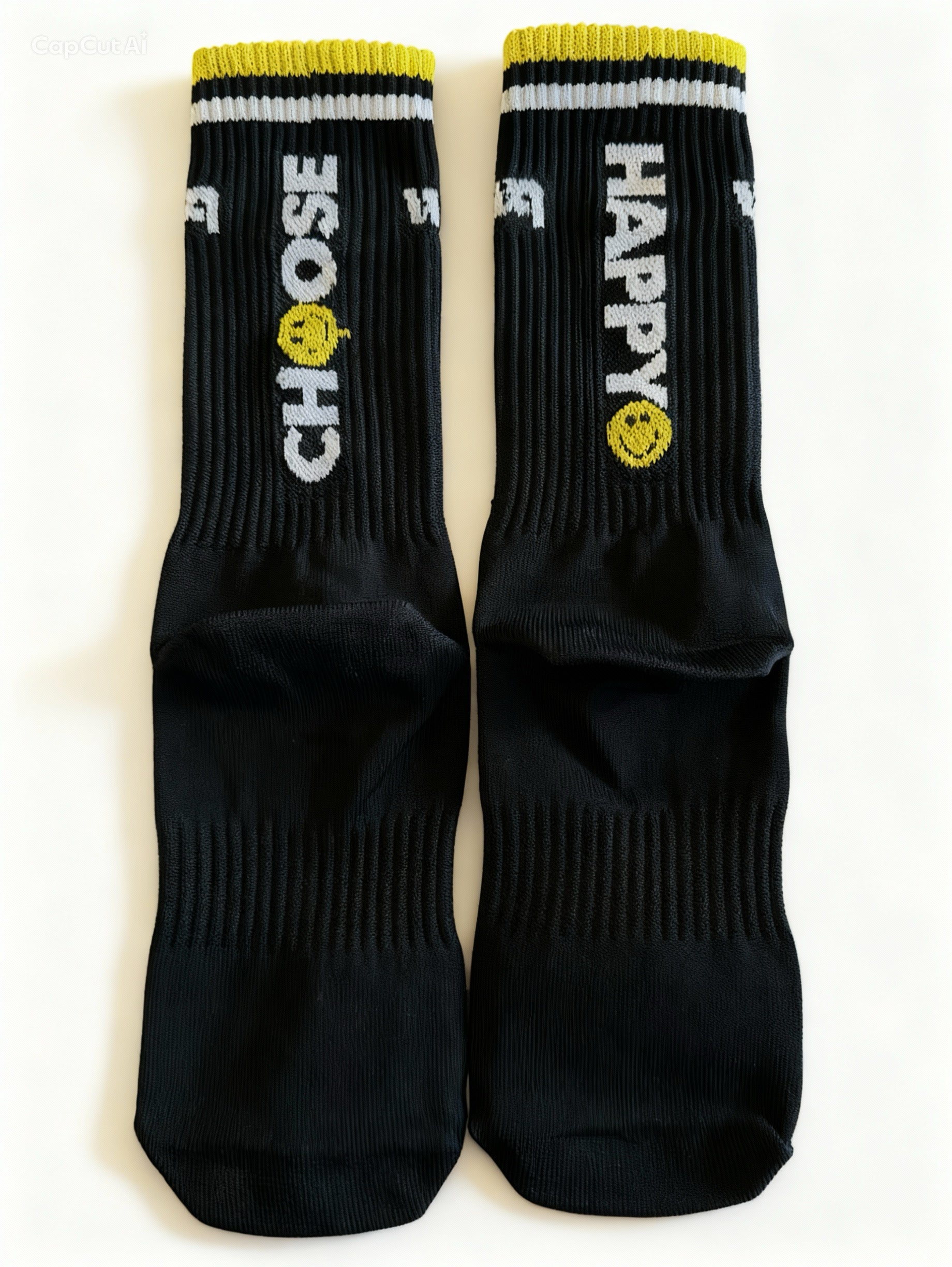 Choose Happy Wear a Quote socks — black athletic crew socks lifestyle