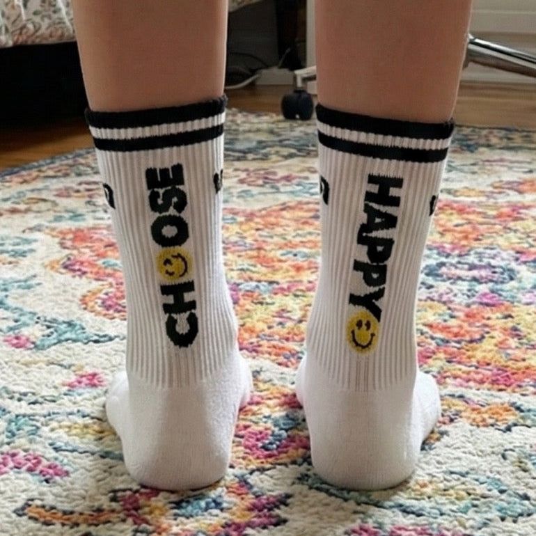 Choose Happy Wear a Quote socks — white crew socks detail