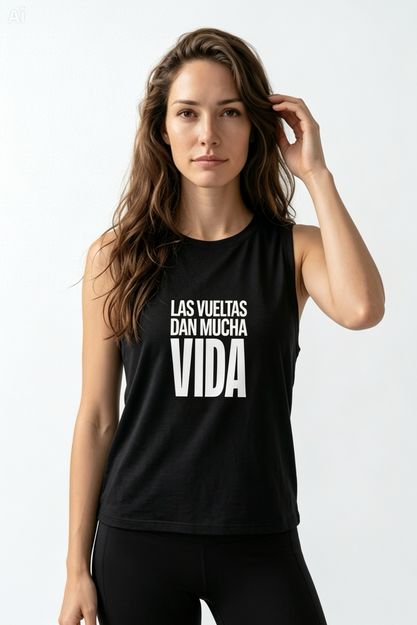 Las Vueltas Dan Mucha Vida – Open Back New negra, modelo de frente vista completa · Wear a Quote