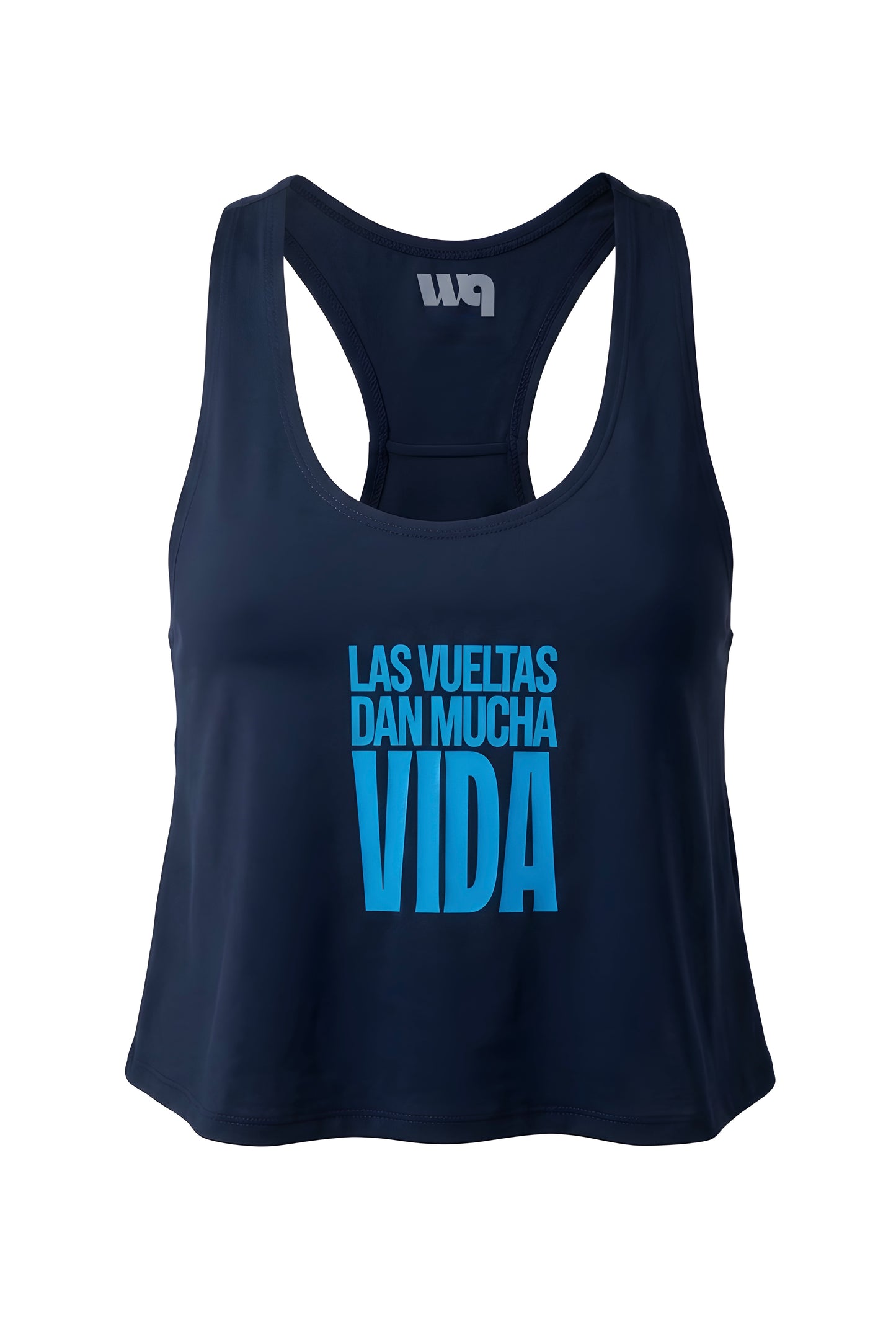 Wear a Quote Cotica crossback tank top back view — navy WAQ athletic top