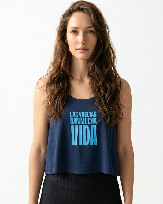 Las Vueltas dan Mucha Vida Cotica tank by Wear a Quote — navy crossback crop top front view