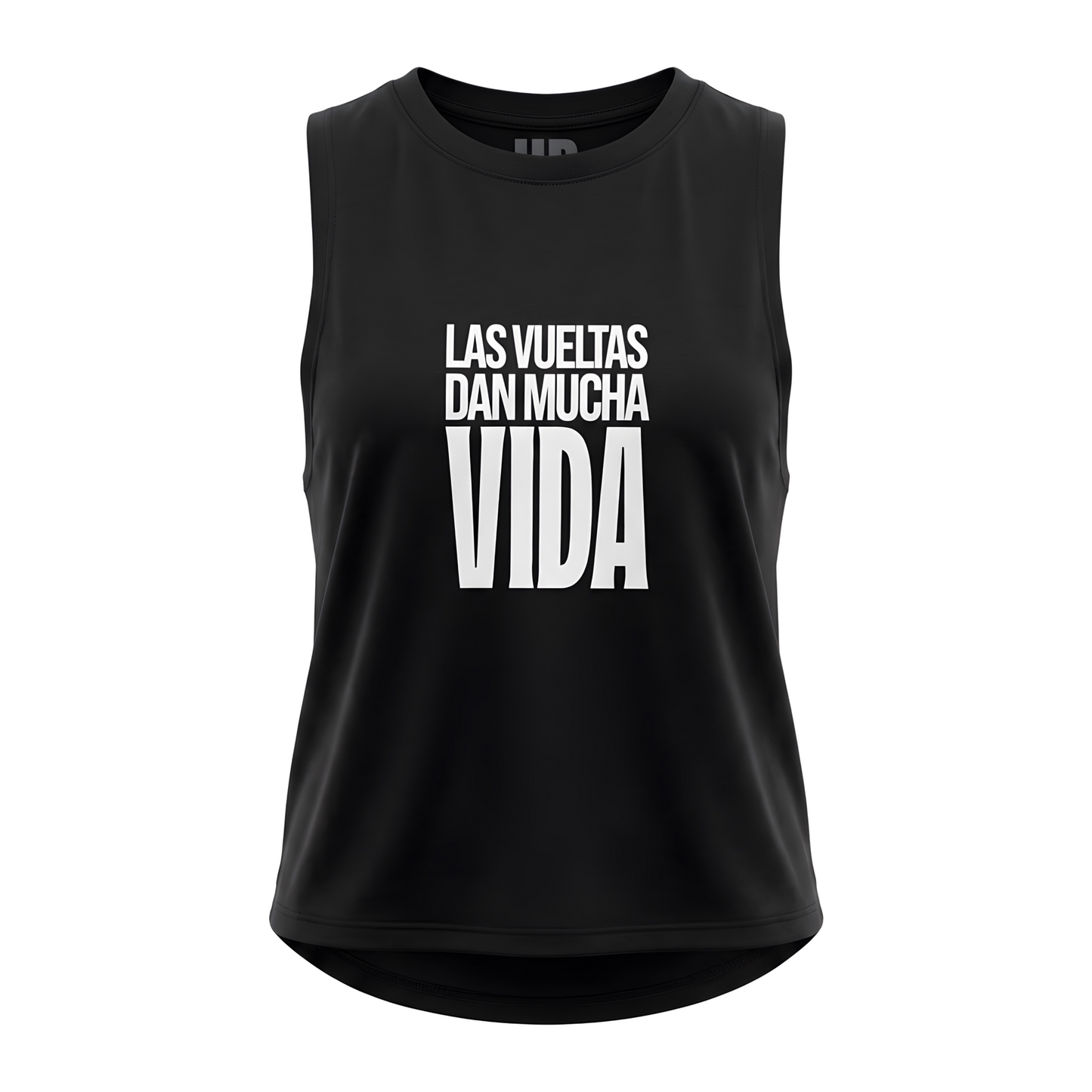 Open Back New negra – mockup frontal con estampado Las Vueltas Dan Mucha Vida · Wear a Quote