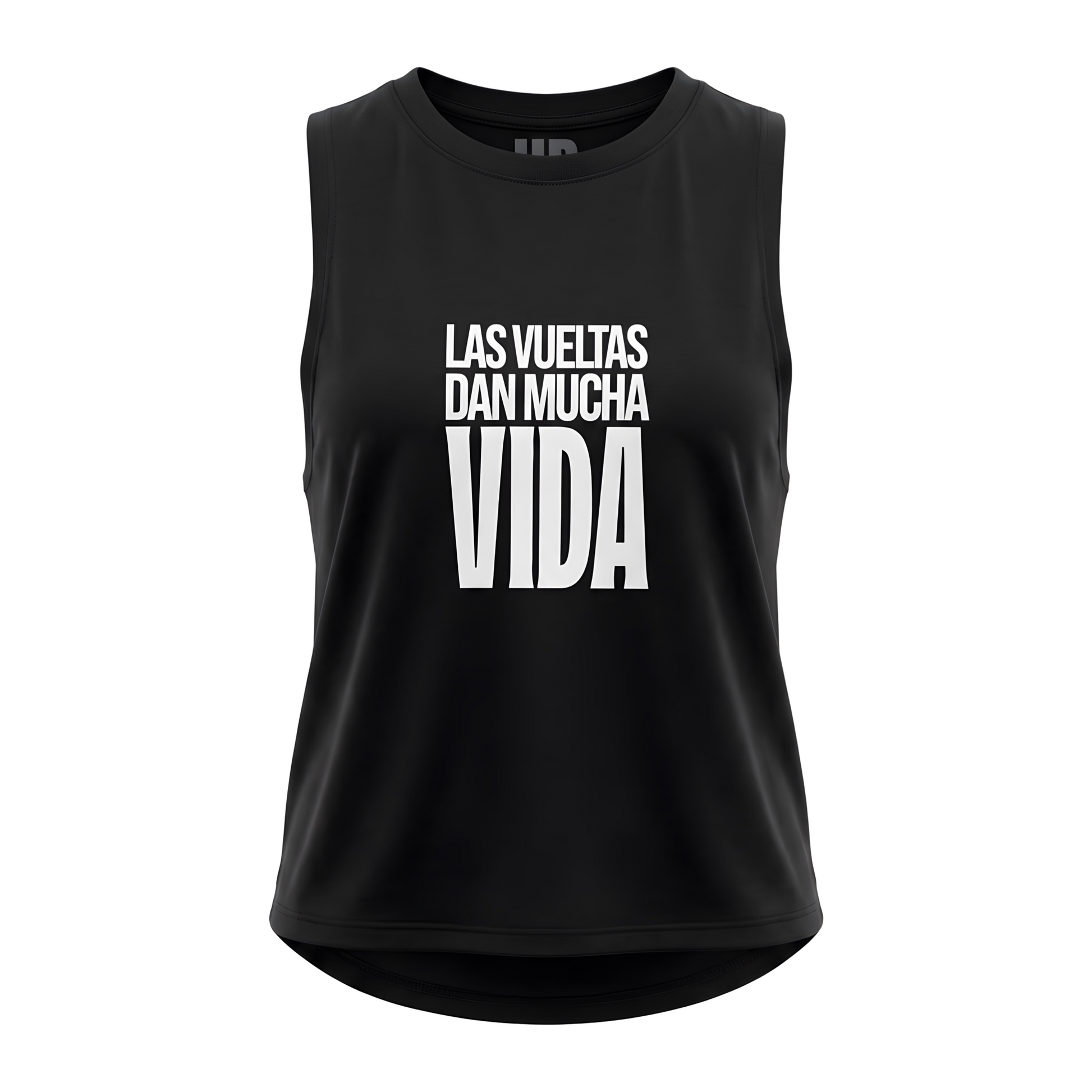 Open Back New negra – mockup frontal con estampado Las Vueltas Dan Mucha Vida · Wear a Quote