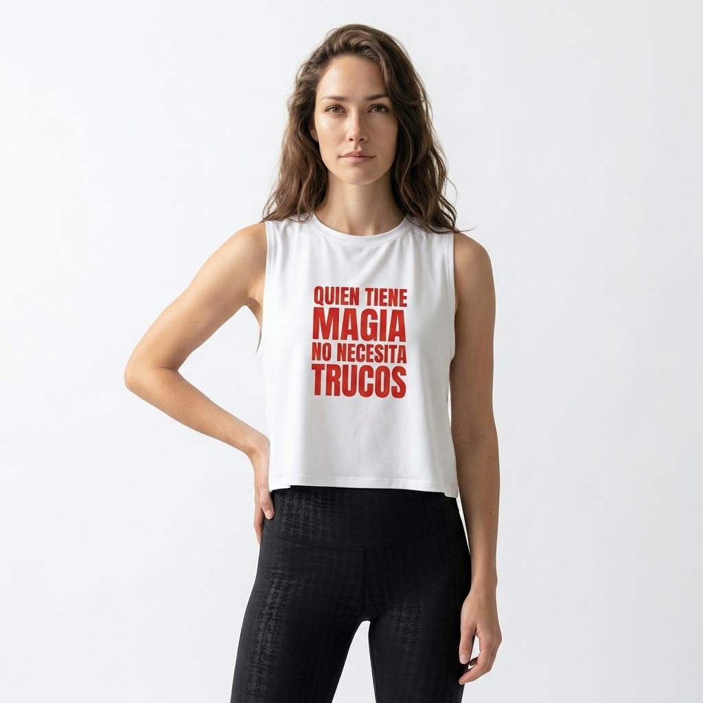 Quien Tiene Magia No Necesita Trucos – Open Back Corta blanca, vista frontal con quote en rojo · Wear a Quote