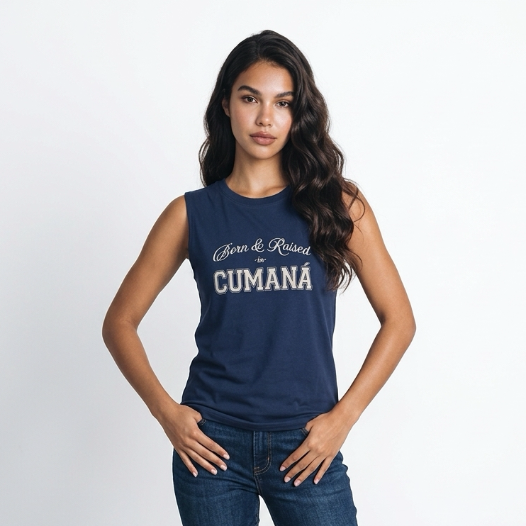 Born & Raised in Cumaná sleeveless tee by Wear a Quote — navy relaxed fit tank top