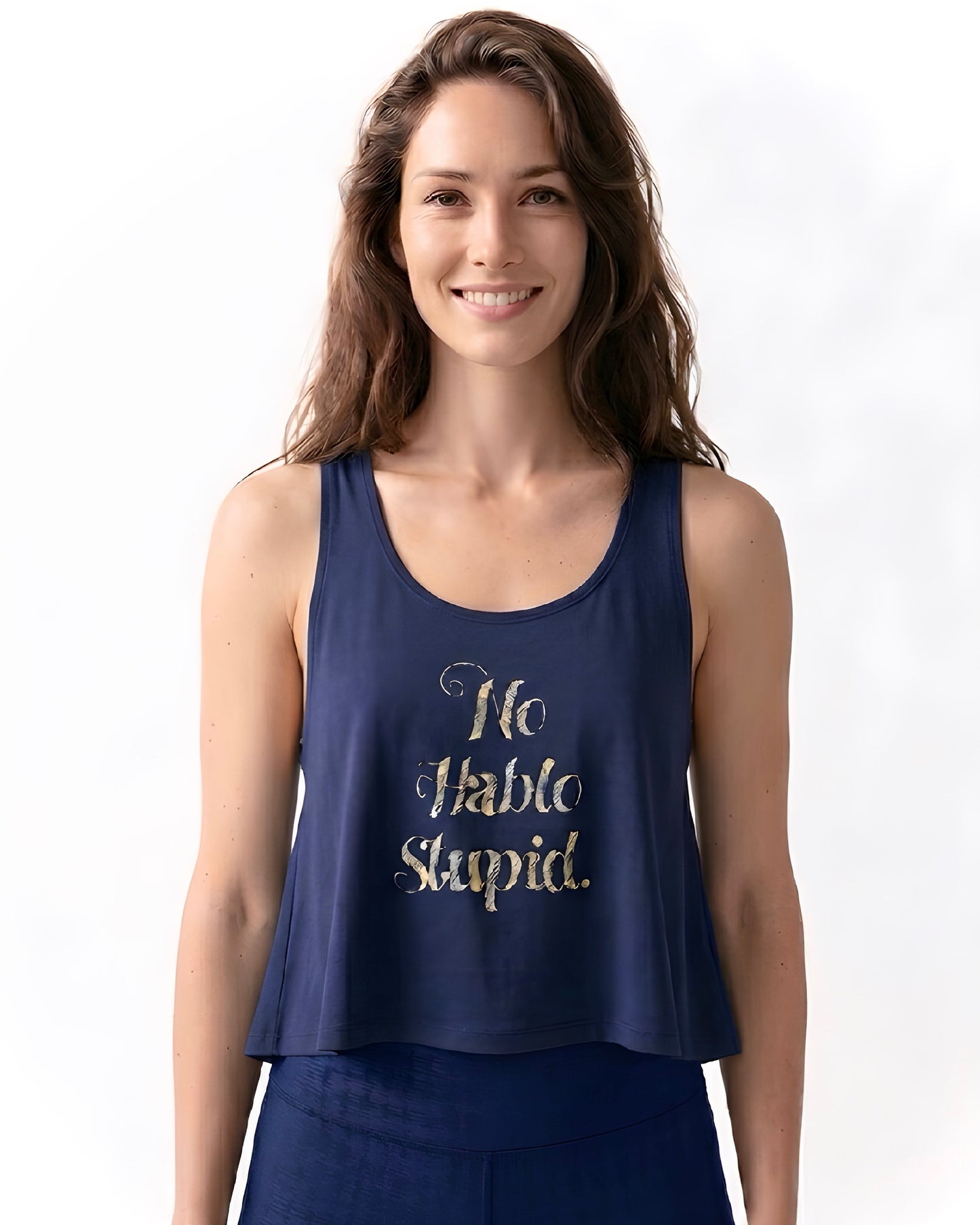 No Hablo Stupid Cotica tank by Wear a Quote — white crossback crop top front view